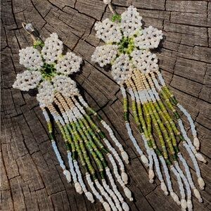 White and Green Beaded Floral Earrings with Cascading Fringe